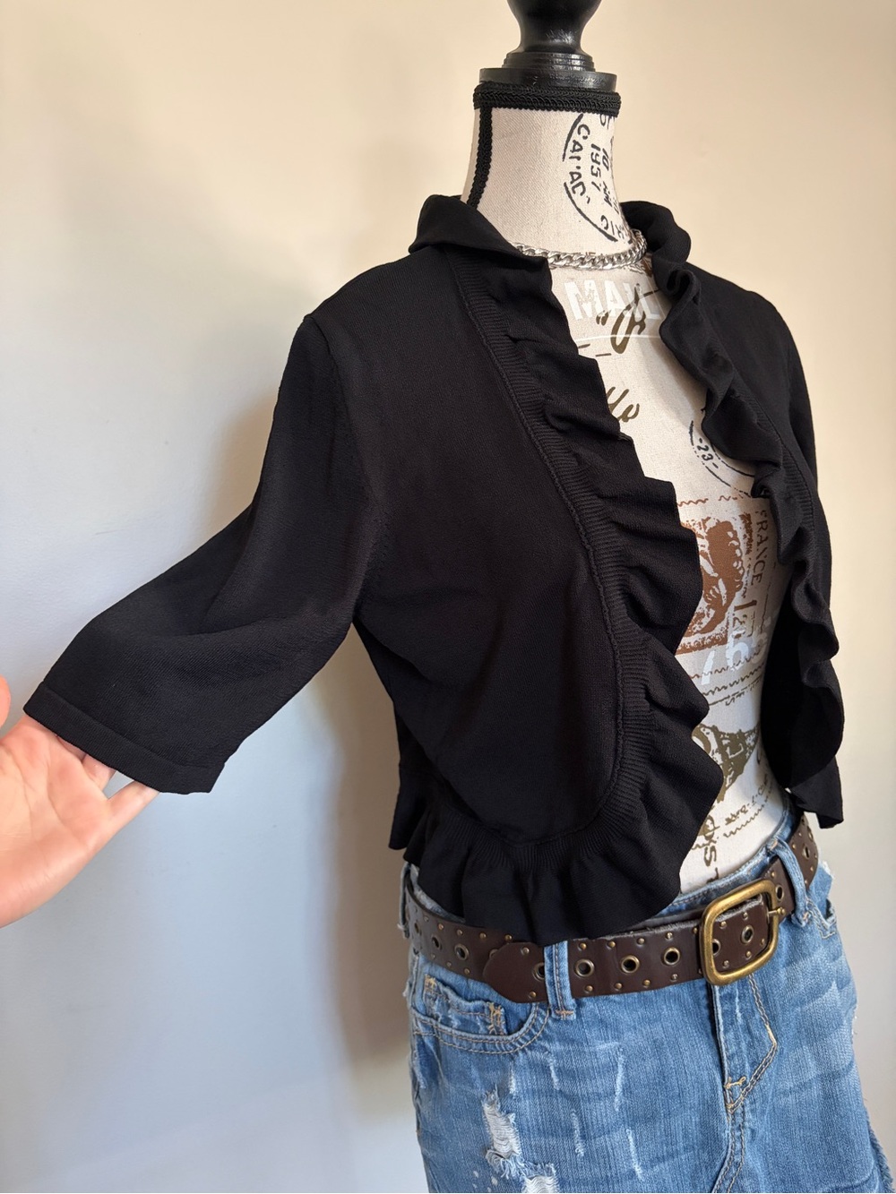 Y2K Black Ruffle Bolero Shrug Short Sleeve Top Whimsigoth 2000s - Picture 3 of 9